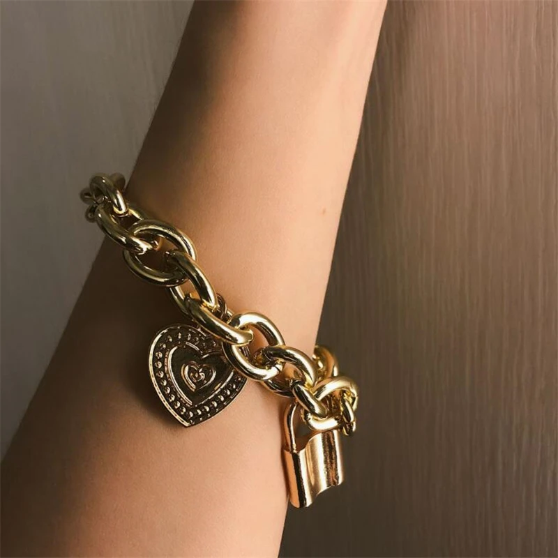 Золотые панк любящее сердце очаровательные браслеты винтажные с замком