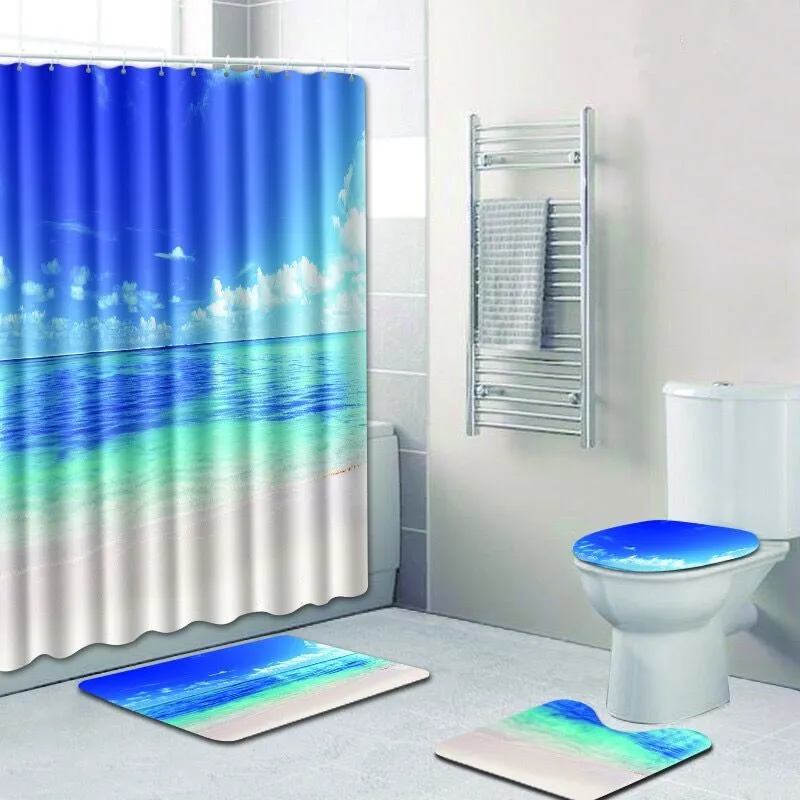 

XYZLS Polyester Shower Curtain Set Seaside Scenic Printed Bathroom Curtain 180x180cm With Non-slip Bathroom Mat Set