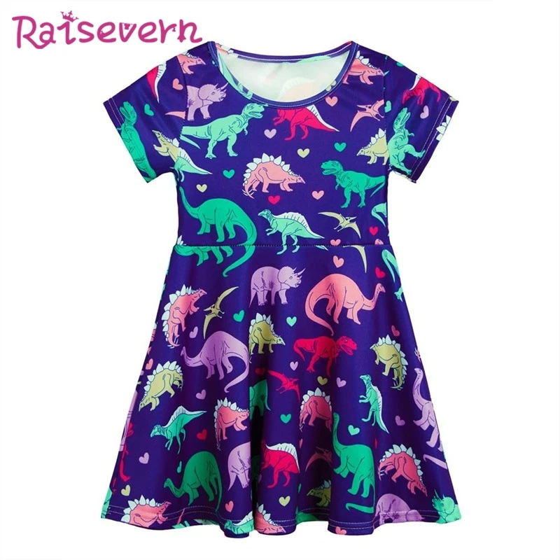 Платье с коротким рукавом для девочек синее яркое принтом динозавра | Детская