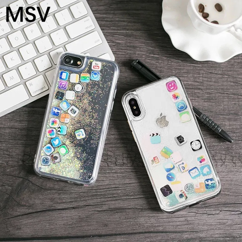 Flashing Dynamic Liquid Quicksand Back Case for iPhone X 8 7 6 6S Plus Transparent TPU Application Icons Phone Cute Cover |