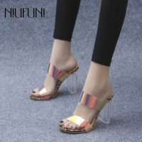 women sandals sexy peep toe serpentine sandals high heels slippers discolor ladies summer transparent pvc crystal mules shoes
