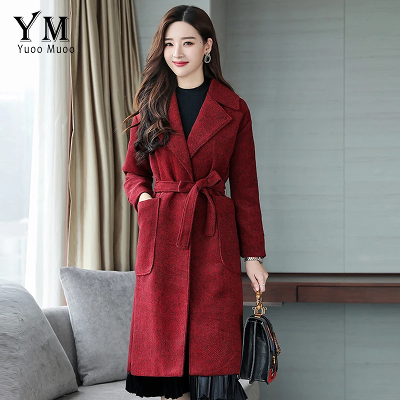 Женское зимнее шерстяное пальто YuooMuoo Красное длинное с поясом 2019 | Женская одежда