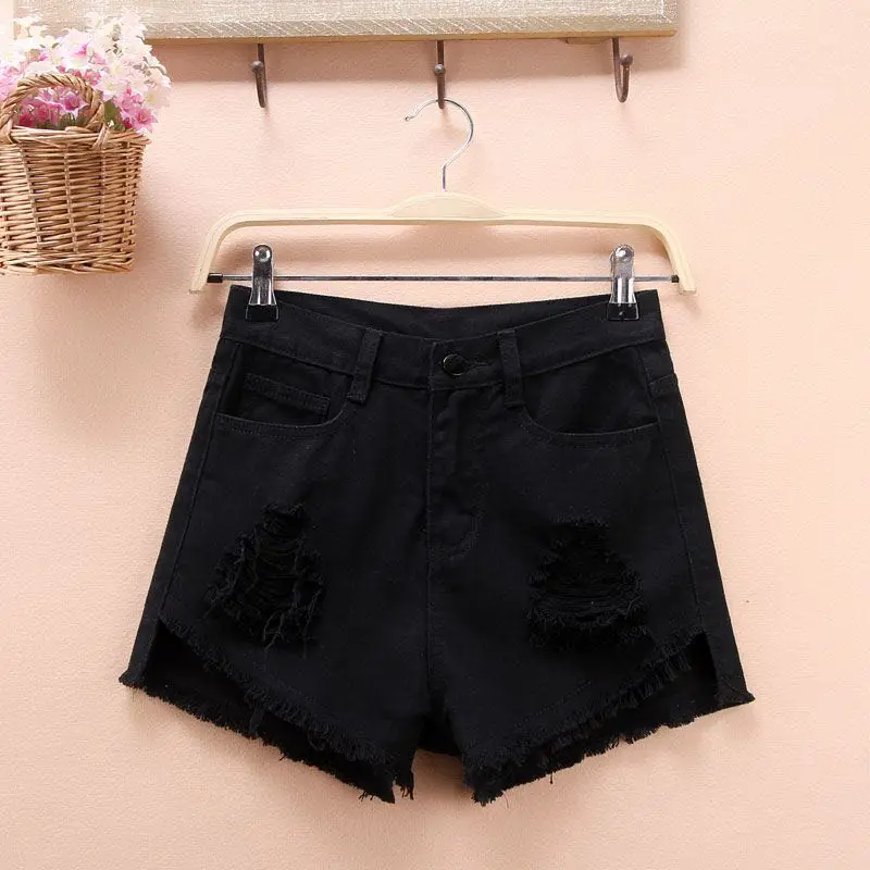 HziriP Denim Shorts Solid Hole Ribbons Washed Pockets High Waist Women Loose Summer Hot Black White | Женская одежда