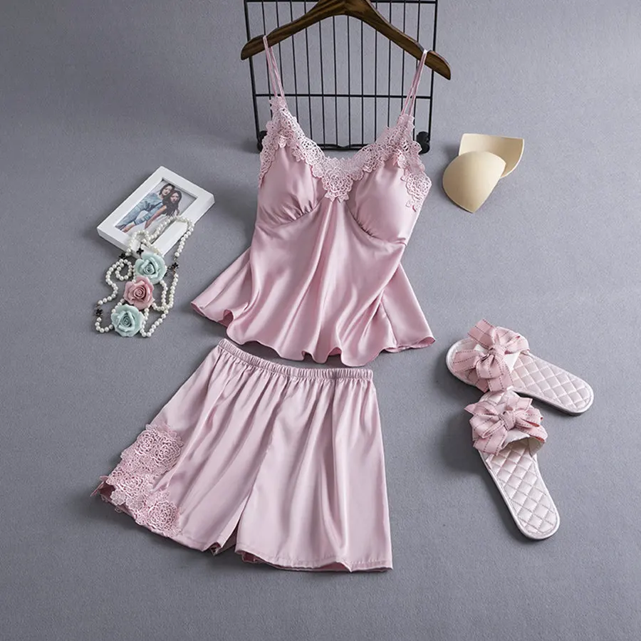 Pajama set Pink Пижамные комплекты, шелковые женские ночные рубашки, сексуальные женские атласные пижамы, женские ночные рубашки, шорты для сна, женская пижама - Цвет: Pajama set Pink