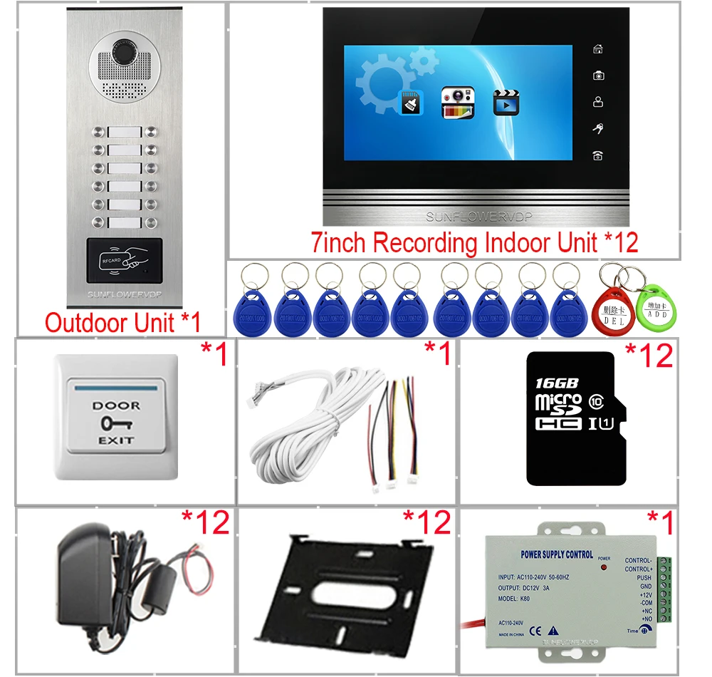 7inch Touch Buttons Video Intercom With Recording Intercom For a Private House+16GB TF Card Access Control Video Intercom System