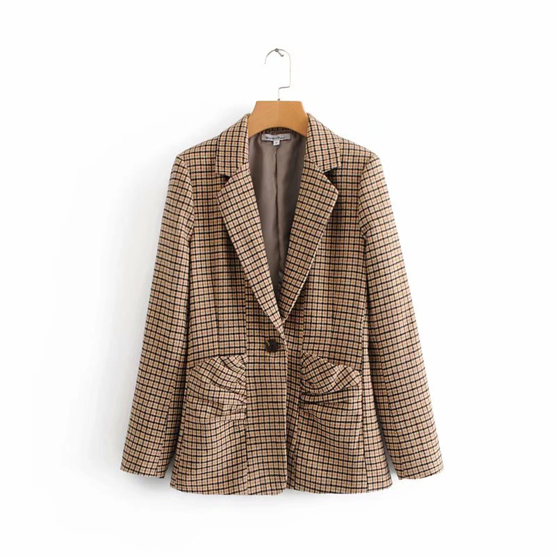 Для женщин Новинка весны коричневый плед тонкий пиджак 2019 с длинным рукавом