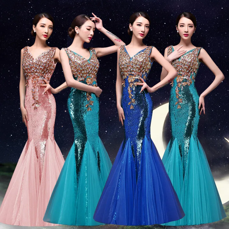 Женское длинное вечернее платье русалка блестящее кружевное с V образным вырезом