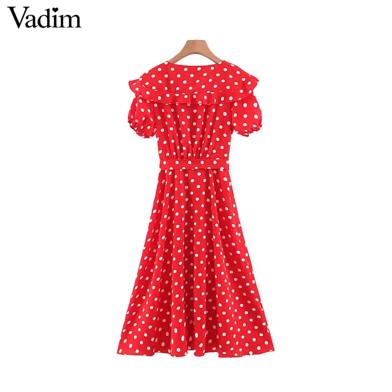 Вадим женщины dot печати ruffled wrap dress галстук бабочка Пояса V шеи крест дизайн