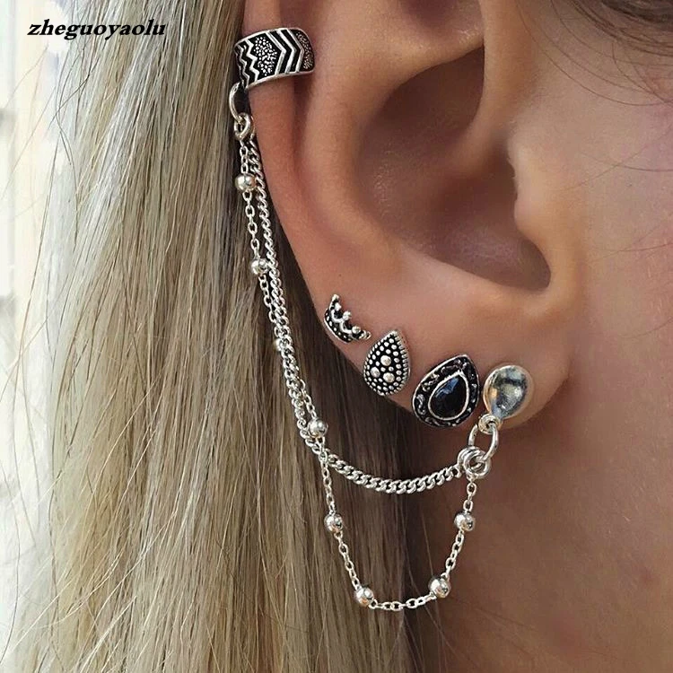 

4 шт./компл. богемные серьги в стиле ретро с короной, модные женские серьги-каффы с цепочкой, серьги 2022