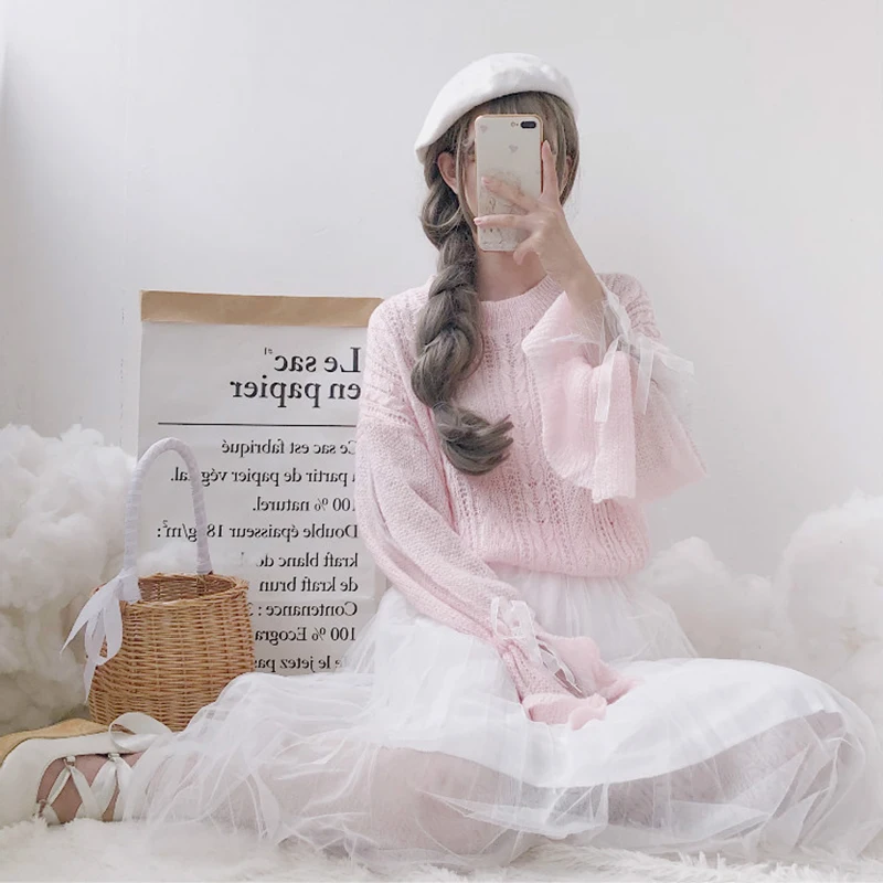Women Cute Knitted Sweater Hollow Out Long-Sleeved Pink Sweet Sweaters Mesh Patchwork Bow Lace-up Knit Jumper Pullovers | Женская одежда