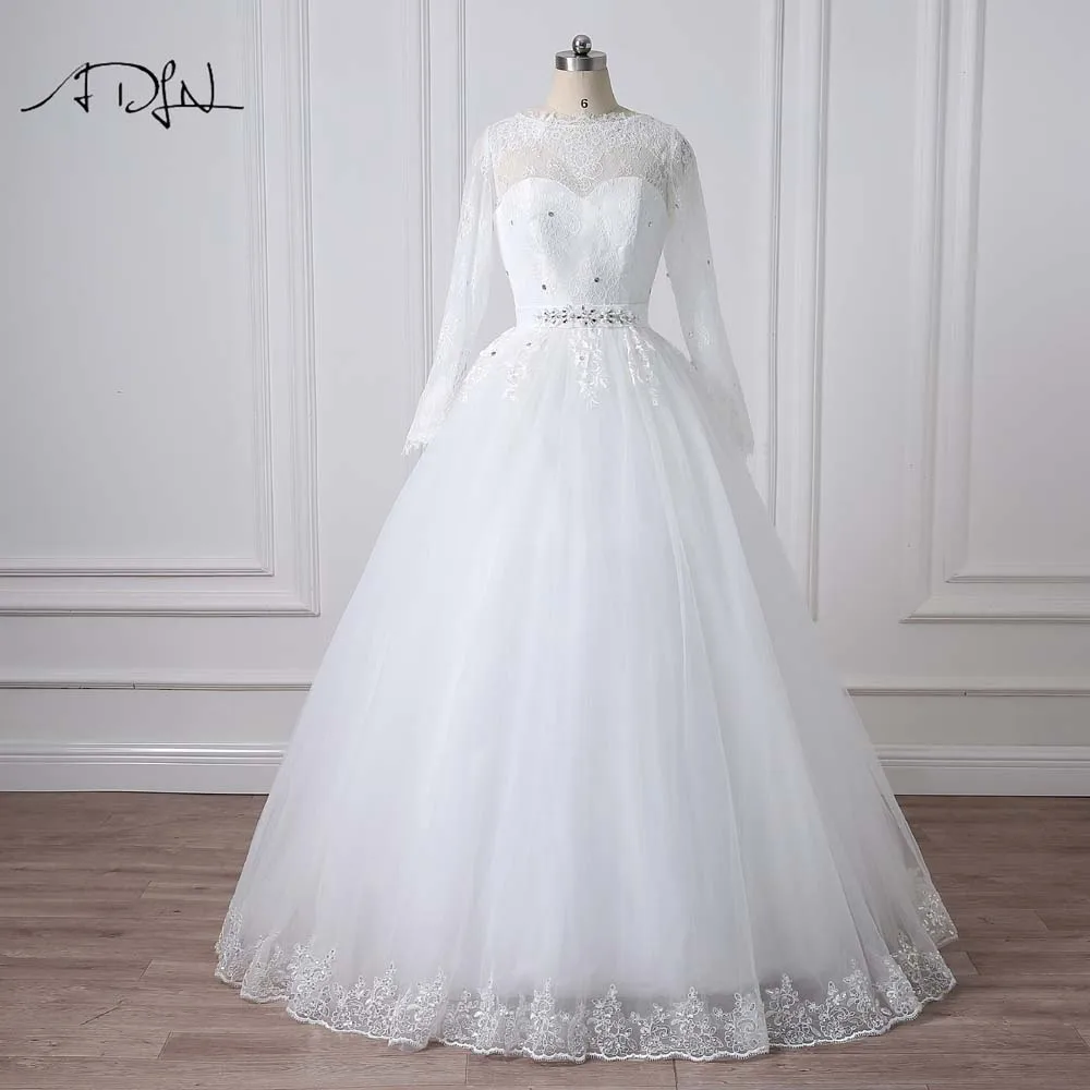 Женское свадебное платье ADLN скромное с длинным рукавом глубоким круглым вырезом