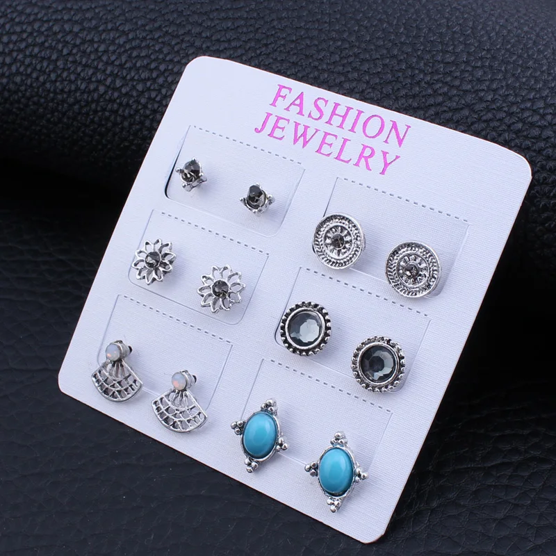 Tenande 6 Pairs/Set Boho Hollow Natural Stone Beads Crystal Coin Sector Flowers Earrings Set for Women Vintage Brincos Bijoux | Украшения и