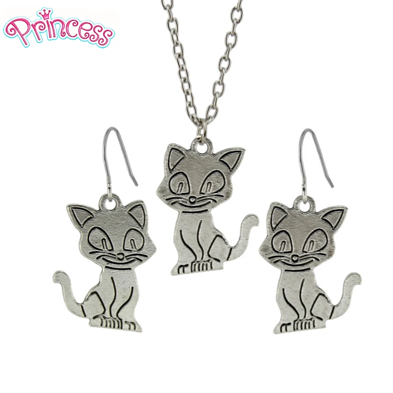 2019 модный винтажный тоновый милый кот Женский комплект ювелирных изделий серьги