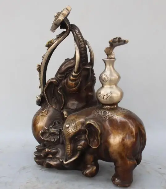 

S01450 10" Chinese Bronze Silver Gilt Dragon RuYi elephant heffalump gourd Vase Statue