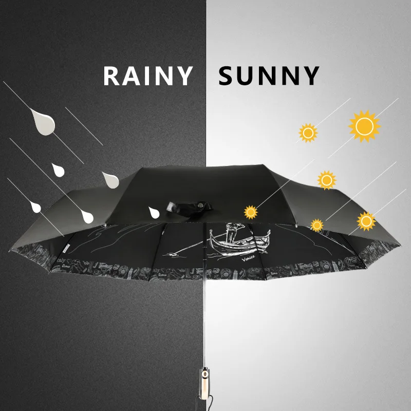 Large Painted Umbrella Rain Women Men Quality Automatic Folding Sunny Travel Wind Resistance Black Coating | Дом и сад