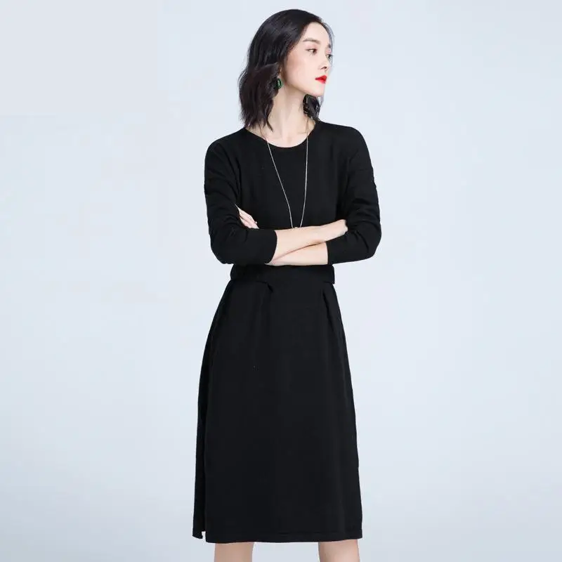 2018 Autumn Winter Office Lady Knitted O Neck Long Sleeve Fashion High Waist 4 Solid Color Women Mid-dress | Женская одежда