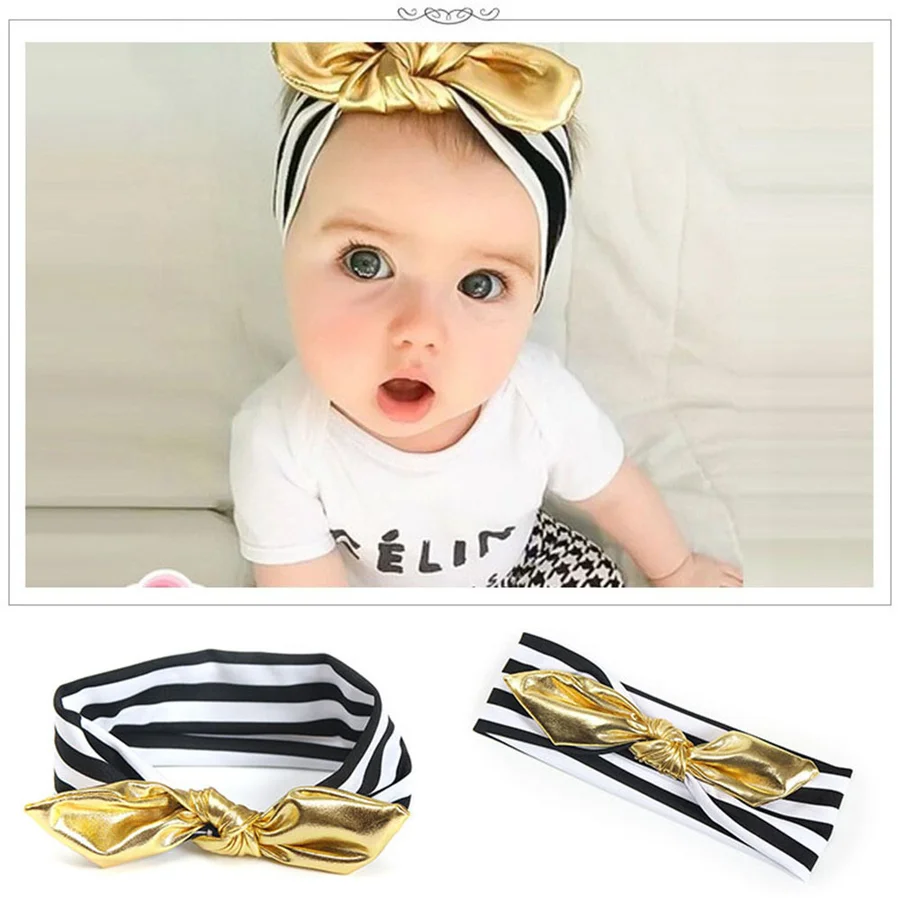 Fashion Children's Bronzed Rabbit Ear Girls Striped Band Knots Elastic Headband Baby Hair Ornaments Kids Accessories WT022 | Детская