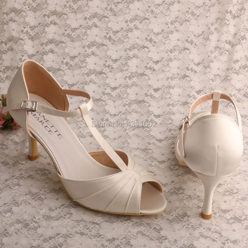 Свадебные туфли из сатина цвета слоновой кости женские сандалии с Т образным