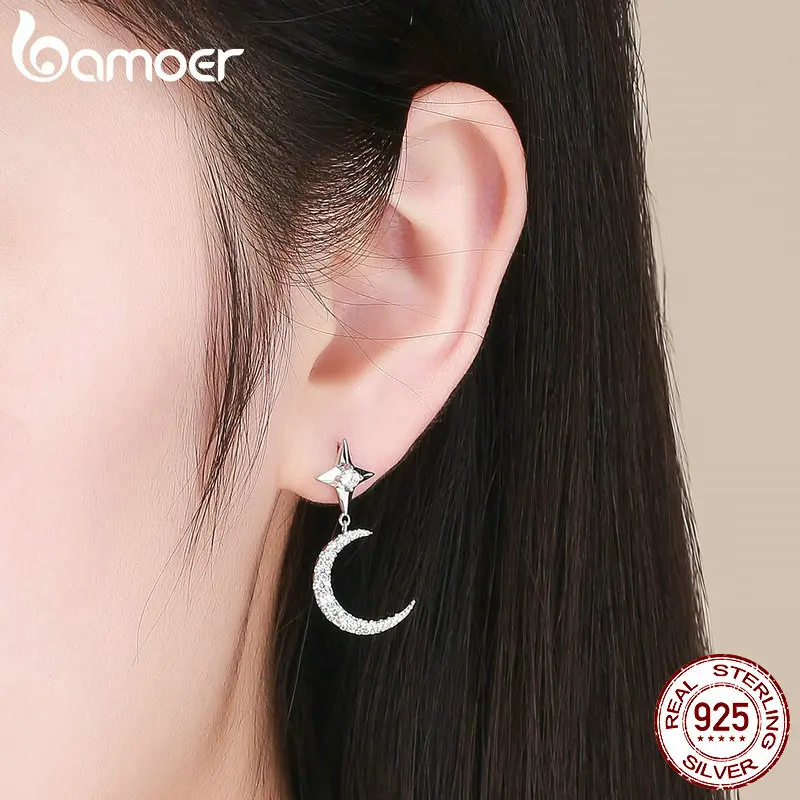 Женские серьги из серебра 925 пробы с Луной и искусственными