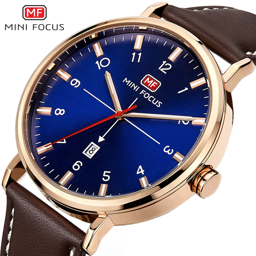 

MINI FOCUS Top Brand Luxury Quartz Watch Men Date Display Blue Dial Leather Strap Royal Dress Wristwatches 2019 New Fashion