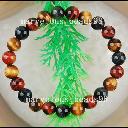 Бесплатная доставка красивые ювелирные изделия 8 мм Разноцветные тигровый глаз круглые бусины эластичный браслет 7 