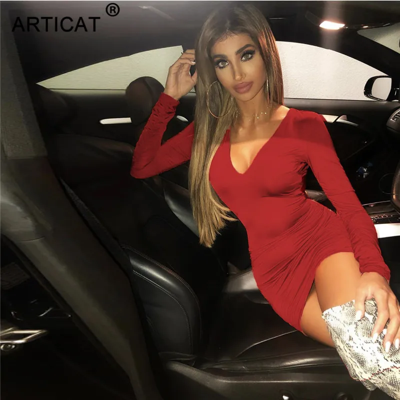 Женское складчатое платье Articat, облегающее, однотонное, узкое, короткое, с открытой спиной, в обтяжку, с v-образным вырезом и длинными рукавами, для вечеринок и на каждый день, на лето