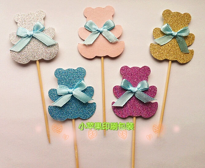 24 шт./лот синие украшения для торта с бантиком и медведем мальчиков Декорации дня