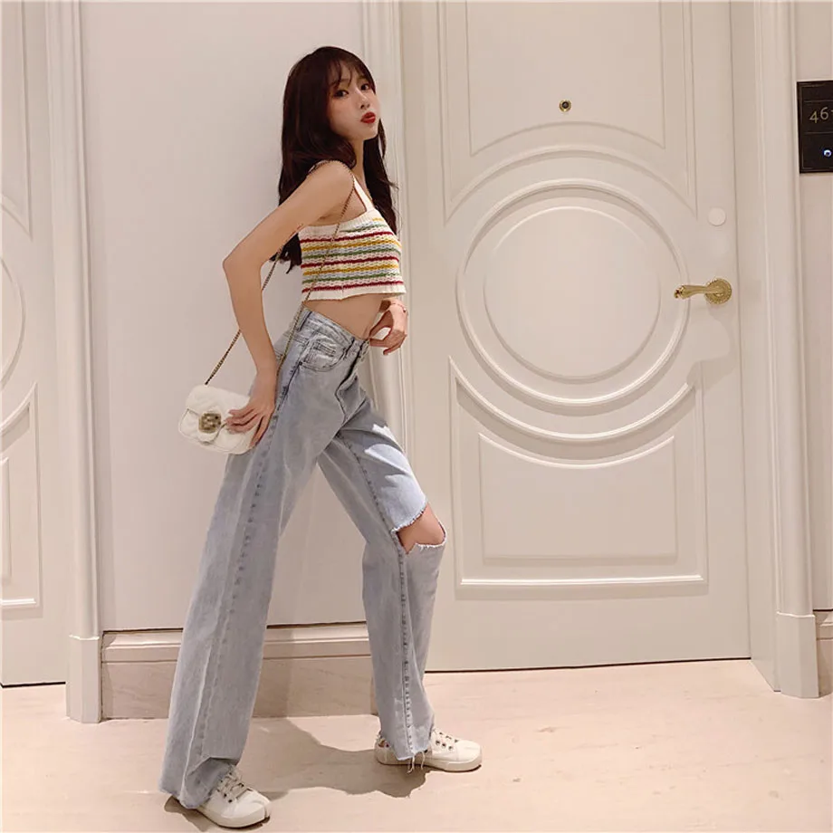 Женские брюки джинсы женские рваные свободные с широкими штанинами уличная