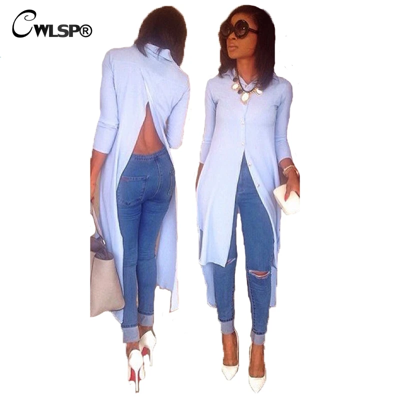 2018 Осенняя женская рубашка CWLSP с открытой спиной необычная длинным рукавом и