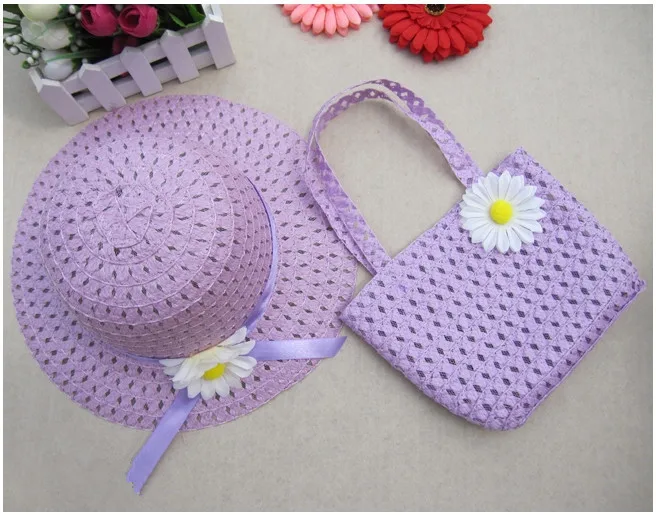 Девушки Дети Пляж Шапки сумки цветок Соломенная шляпка Кепки Tote Сумочка Сумка костюм Детская летняя шляпа от солнца 54 см для от 3 до 7 лет - Цвет: purple