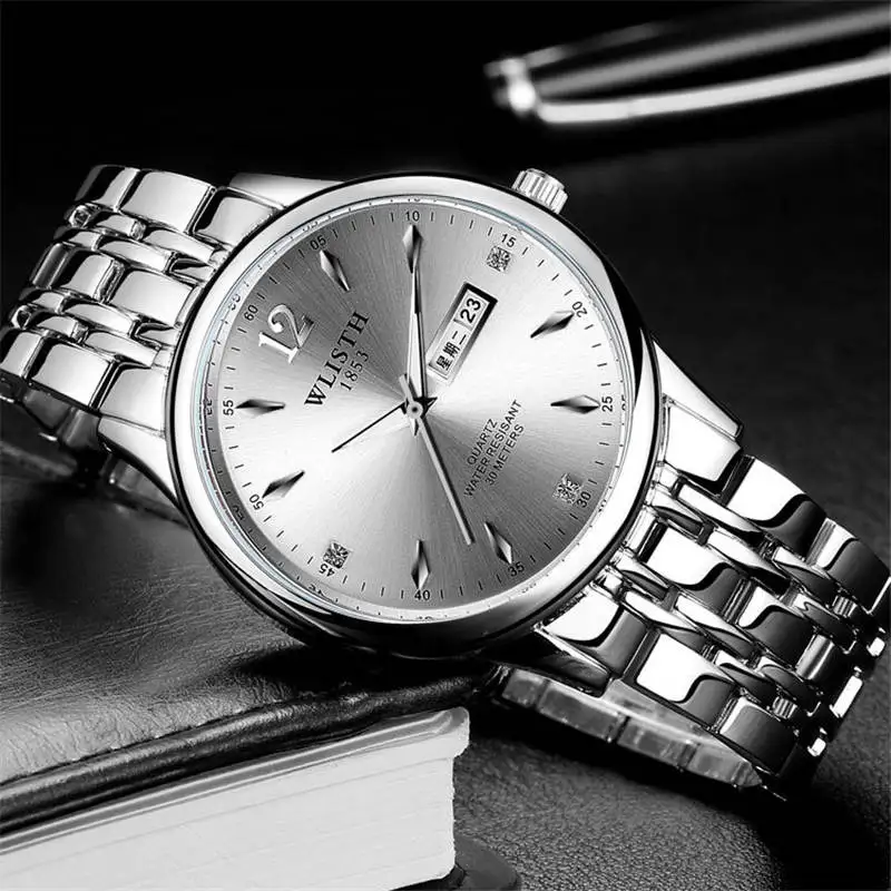

WLISTH Men Wrist Watch Business Male Stainless Steel Watch Black Waterproof Punctual Quartz Clock Time Weekday Calendar Classic