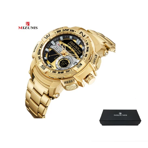 gold with box Роскошный бренд Mizums часы Мужские кварцевые мужские s наручные часы водонепроницаемые 2 раза будильник электрические цифровые спортивные мужские часы relogios - Цвет: gold with box