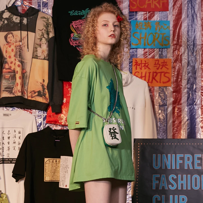 Женская футболка с короткими рукавами UNIFREE зеленая свободная хлопковая Футболка