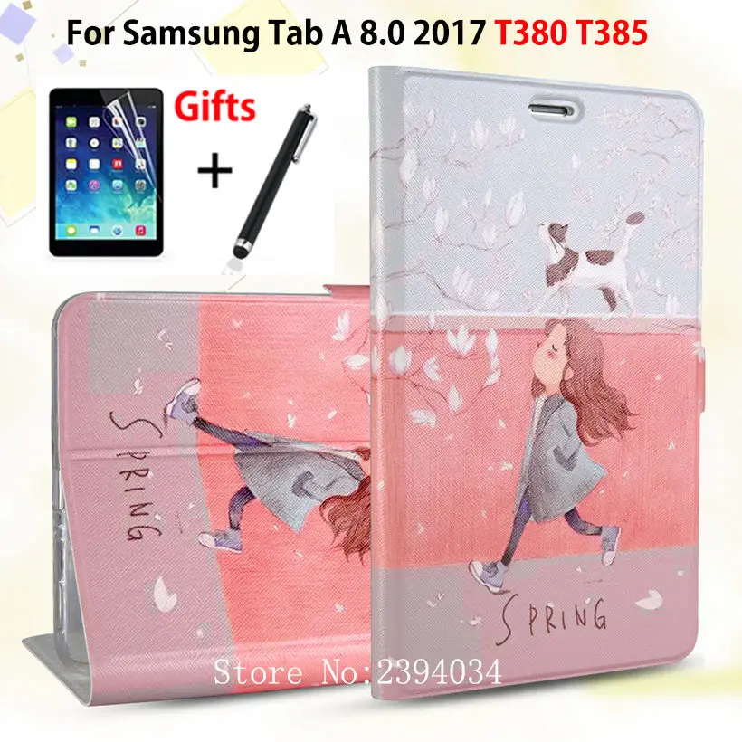 

Slim Fashion PU Case For Samsung Galaxy Tab A 8.0 SM-T380 T385 2017 8.0" Smart Cover Funda Tablet Stand Cover Skin +Film+Pen