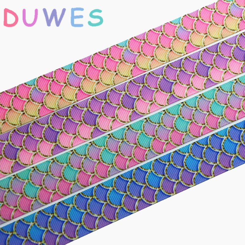 

DUWES 50yards mermaid fish scale printed grosgrain Ribbon Accessory hairbow headwear decoration Wholesale OEM D941
