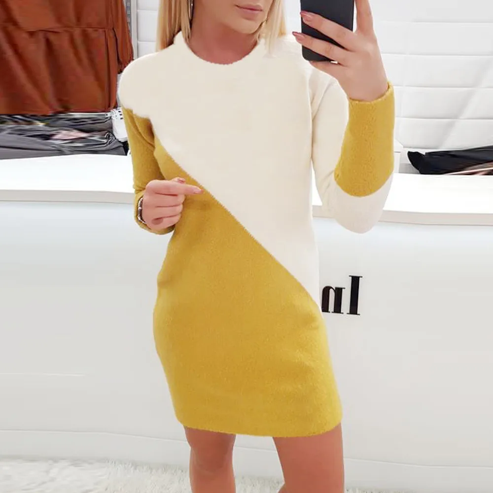 Winter Sweater Women Knitted Pullover Dress Casual Patchwork O-Neck Color Block Sweaters Dresses | Женская одежда