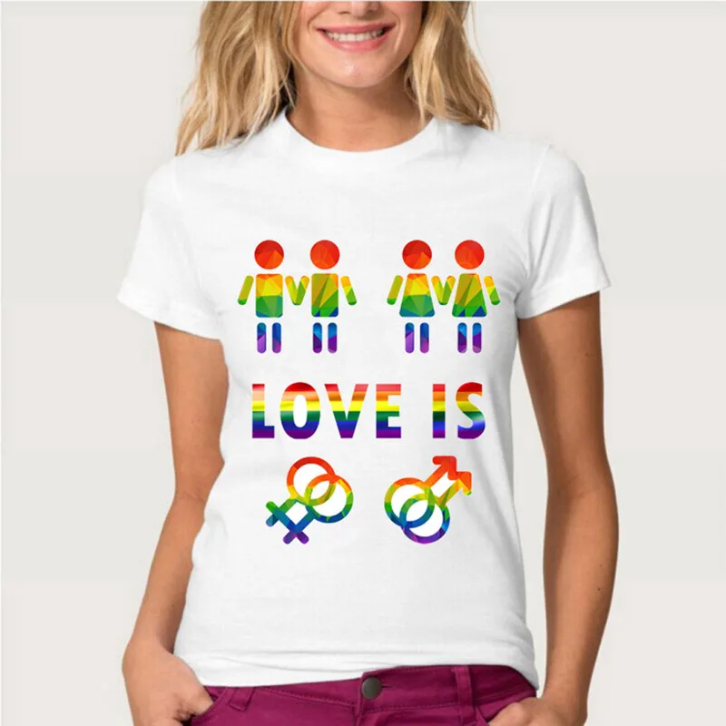 Женская футболка с коротким рукавом Love Is изображением ЛГБТ радуги Pride модная