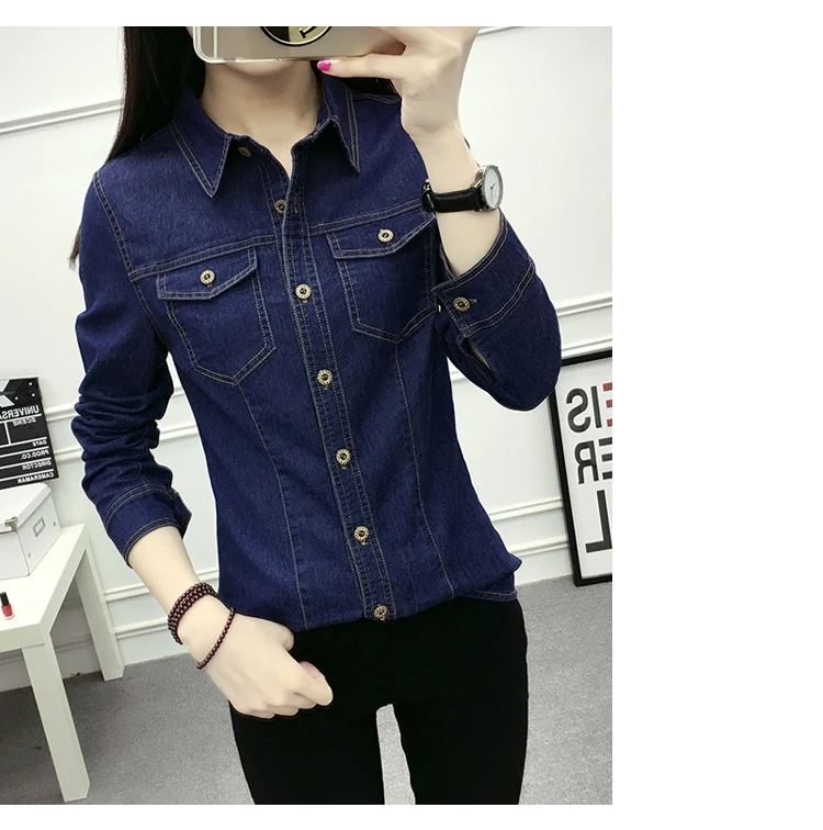 Fashion Spring Autumn women cotton pocket Turn-down Collar full-sleeve blouse Single Breasted blue Denim shirt casual tops