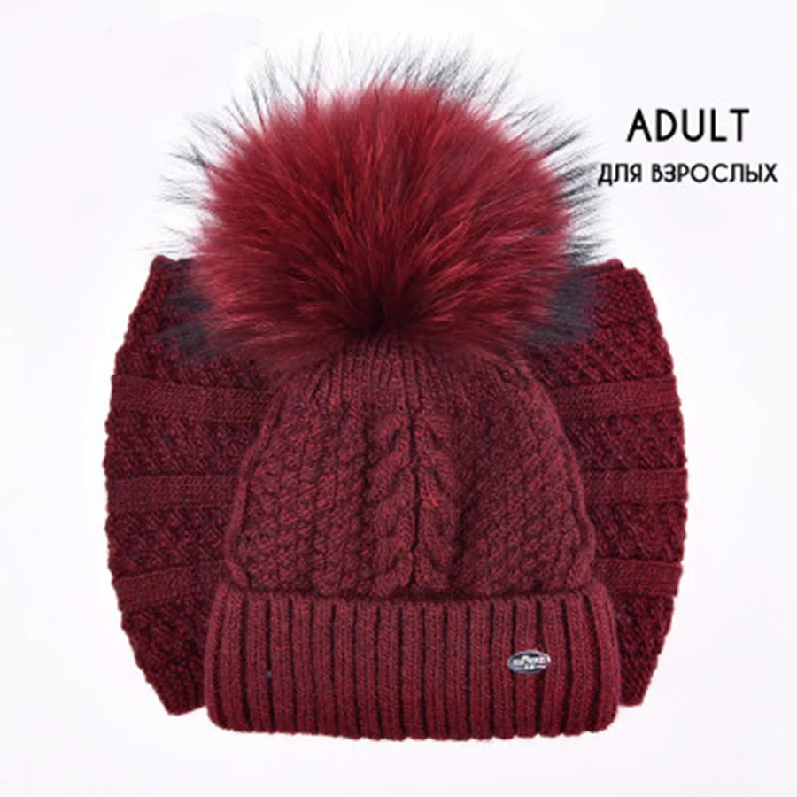Winter Hat Scarf Set for Girls Raccoon Fur Pompoms Womens Beanies Fashion Knitted Ski Caps Ring Velvet Skullies Children |