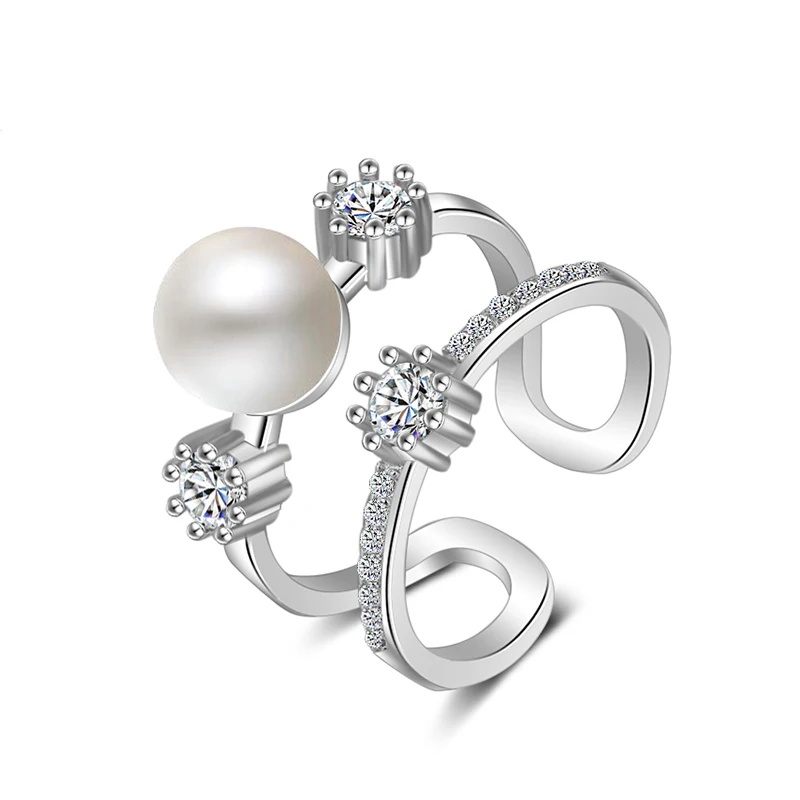 Корейская мода silver pearl ring 925 серебро полые моды Регулируемый кольцо дамы