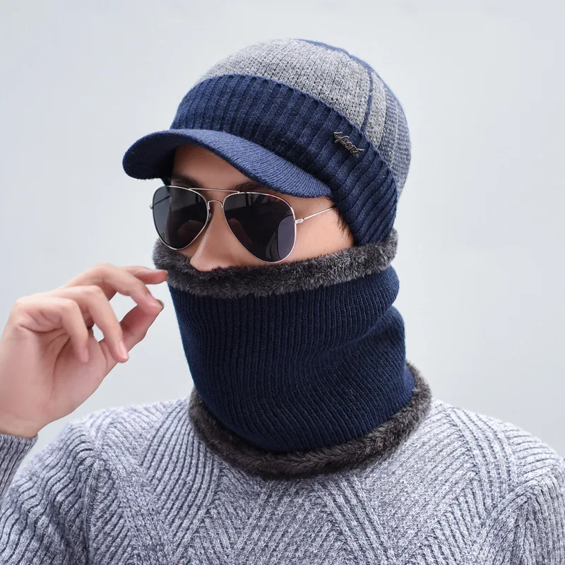 OZyc зимняя шапка Skullies Beanies шапки зимние шапочки для мужчин и женщин шерстяной шарф шапки Балаклава маска Gorras капот вязаная шапка - Цвет: dark blue set
