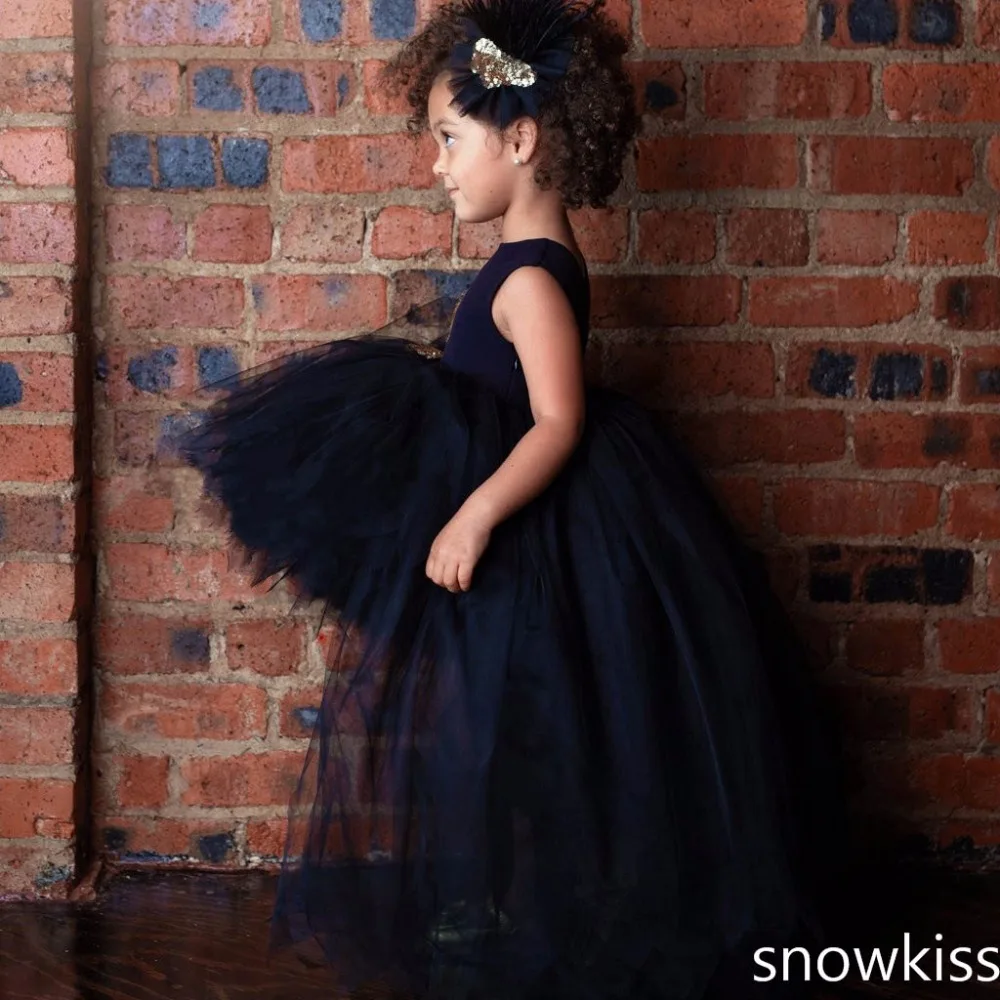 Черное пышное Тюлевое платье с цветочным узором для девочек на свадьбу блестящее