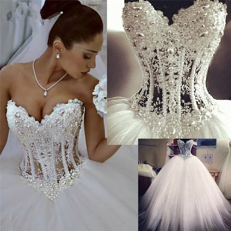 

White Luxury Wedding Dresses 2020 Long Ball Gown Sweetheart Beaded Crystals Saudi Arabic Wedding Gown for Bride Bridal Dresses