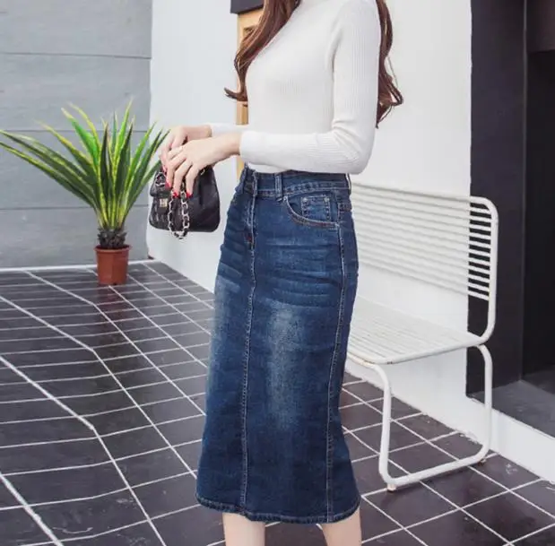 2019 винтажная джинсовая юбка с высокой талией на пуговицах карандаш черные синие