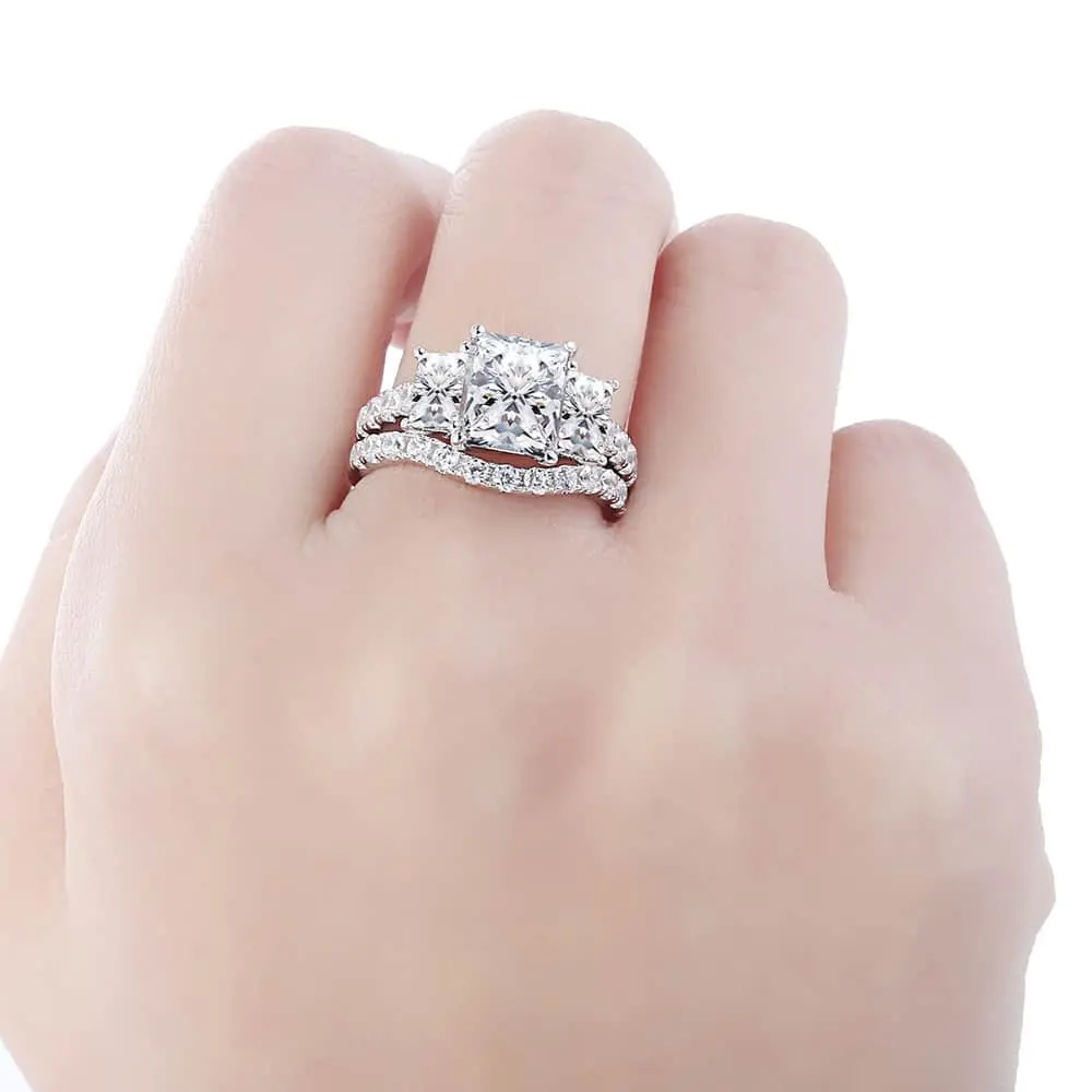 925 Sterling Silver 4.9 Carat CZ Paved Wedding Band Bridal Ring Sets Women 3 Stone Cubic Zirconia Eternity Engagement Rings SR07 | Украшения