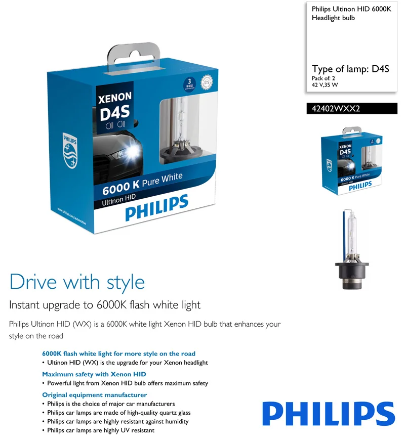 Philips D4S 42404W X 35W Ultinon HID 6000K холодный синий ксеноновый белый свет Авто обновление фар лампы Вспышка Быстрый старт, пара