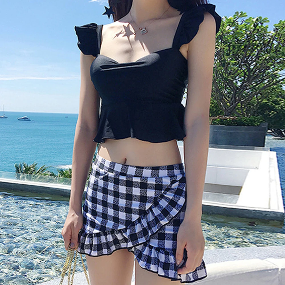 Бикини женское в Корейском стиле клетчатый купальный костюм с чашками пуш ап