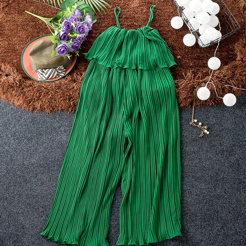 Мода 2019 Лето шифоновый комбинезон без бретелек Плиссированные однотонные