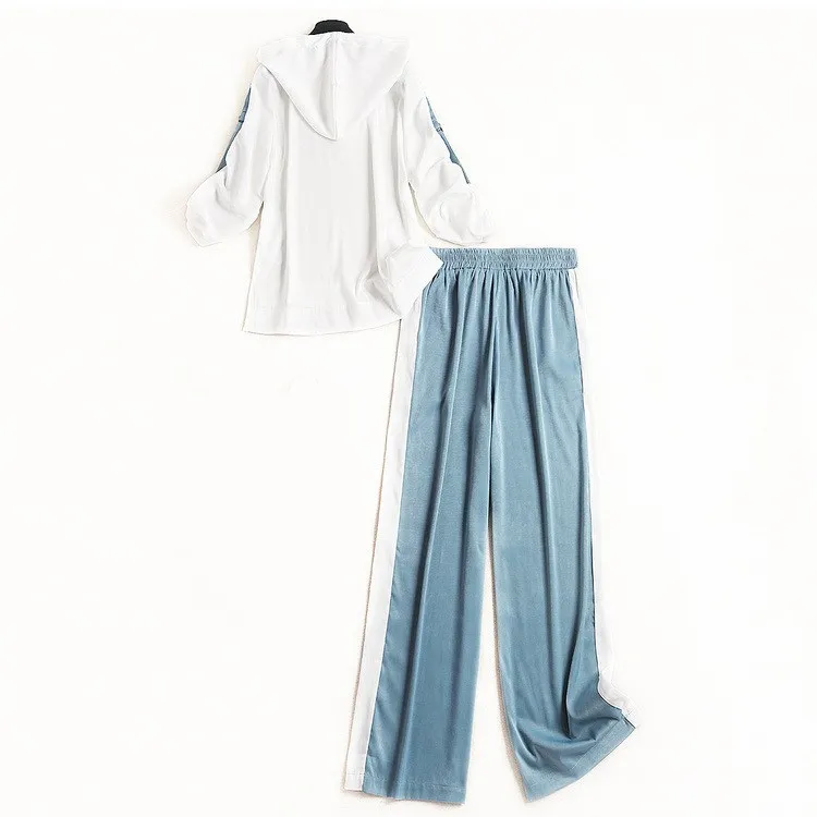 

2020 Women Hooded Stripes Tracksuits Casual Full Length Pants Set On The Sides Wide Leg Pants