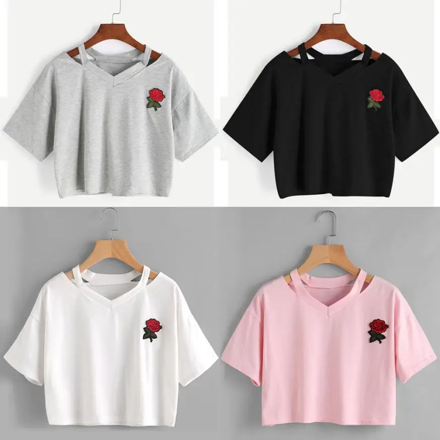 

Women's T Shirts Summer Sexy Rose Floral Embroidered Short Sleeve Casual T Shirt O Neck Tee Shirt Femme clothes for women